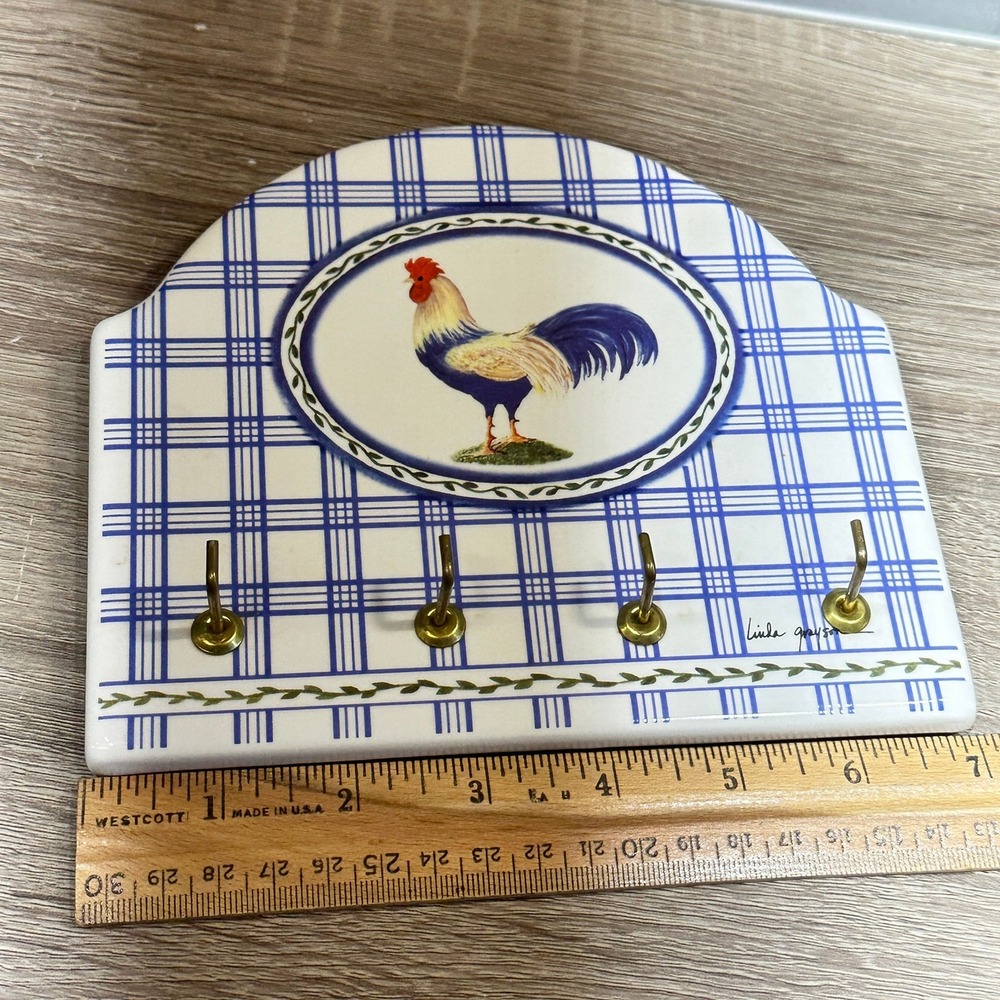 Santa Barbara Ceramic Design Rooster Key Rack Blue Plaid Linda Grayson 6.5x5.5in - Picture 6 of 6